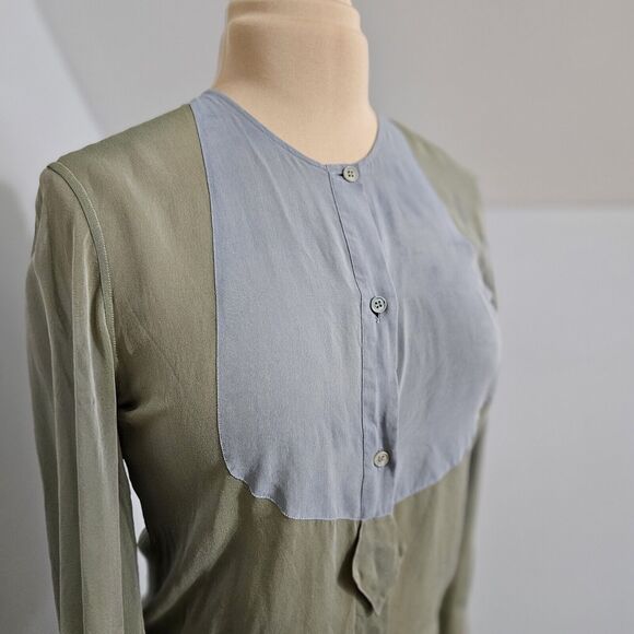 Giorgio Armani Blouse Womens Green Semi Sheer Colorblock Two-Toned Button Front - Picture 8 of 13